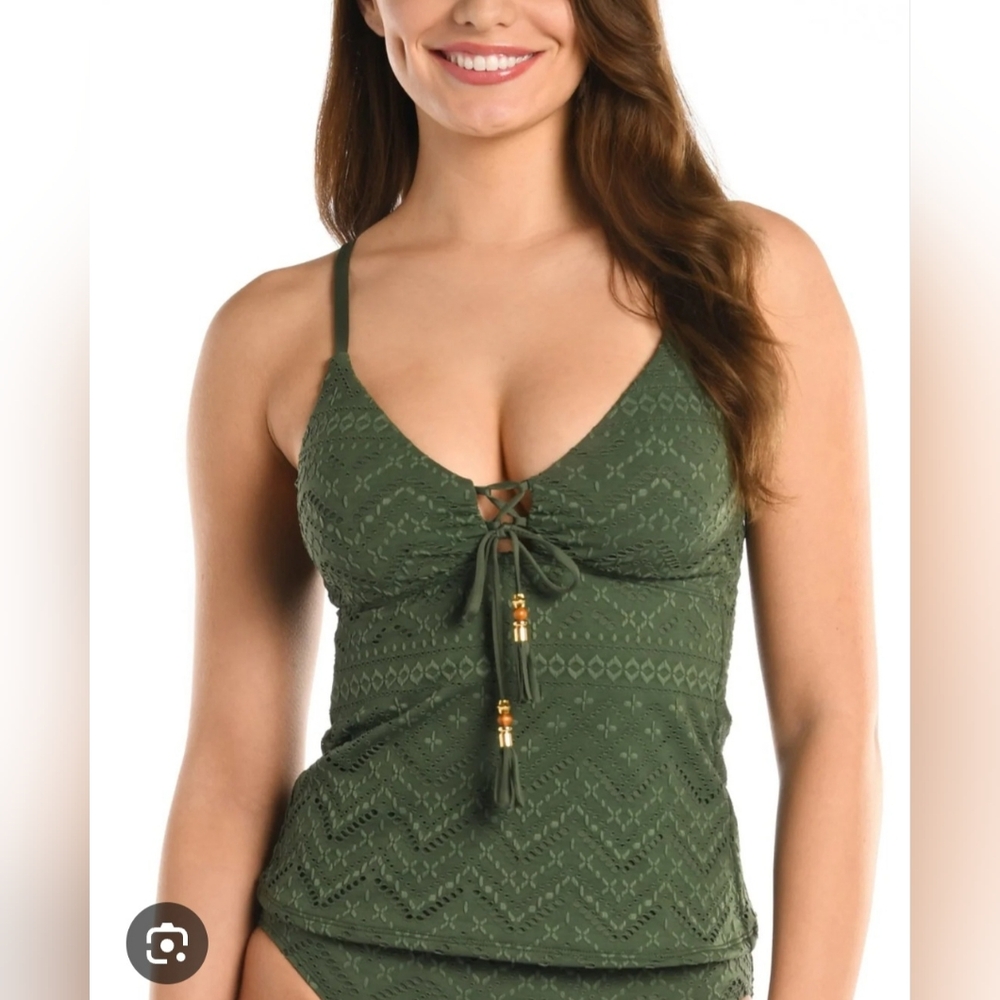 NWT La Blanca "Salt" Hunter Green Eyelet Lace-Up Tankini Swim Suit Swimwear Top